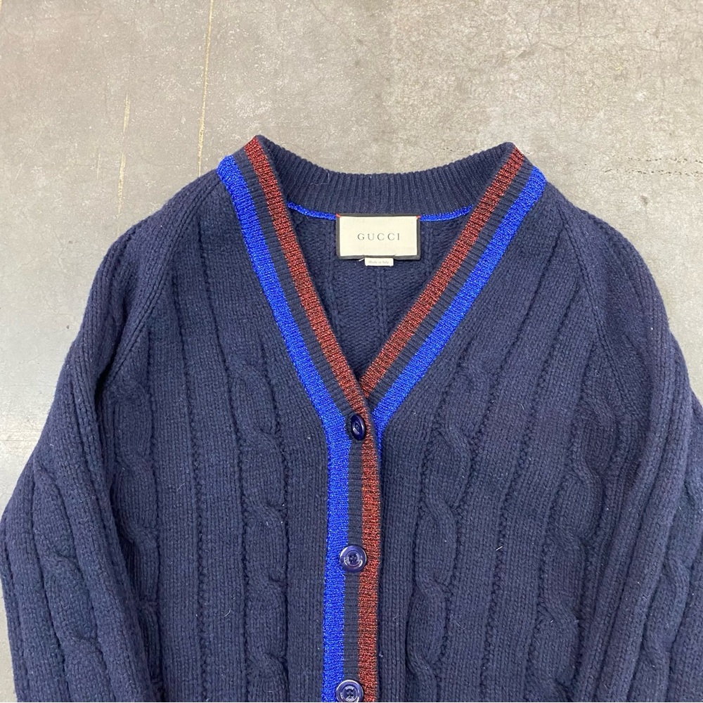 Gucci Cable Knit Cardigan Navy Stripe Trim Lambs Wool Sweater Women’s Large‎ - Picture 9 of 11